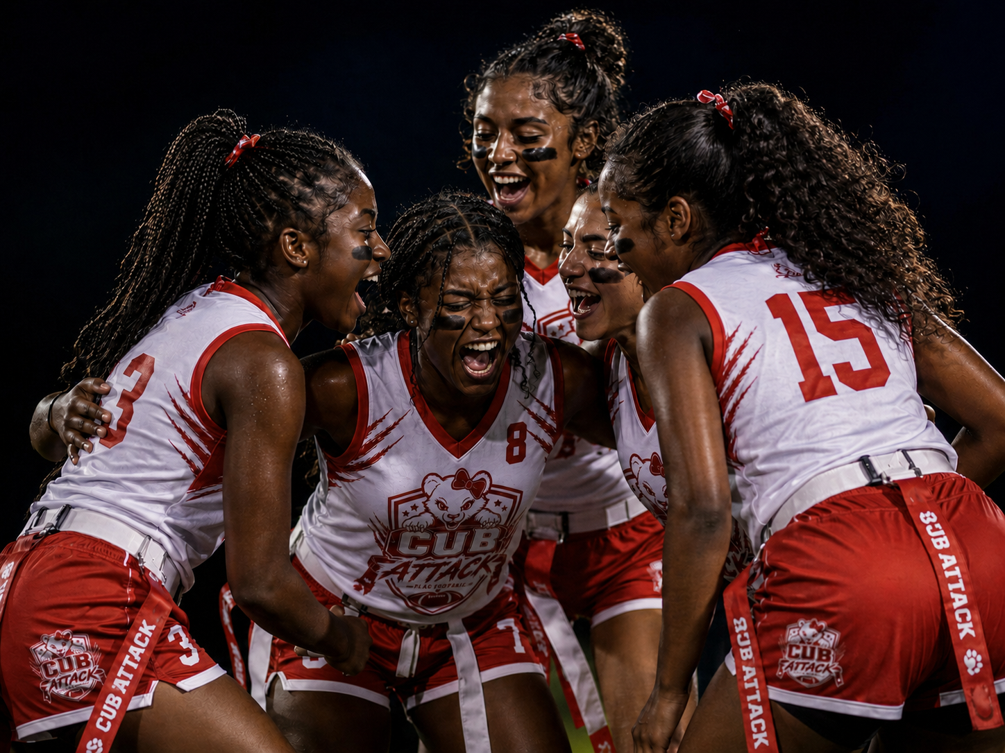 Cub Attack girls flag football teammates celebrating together after a play